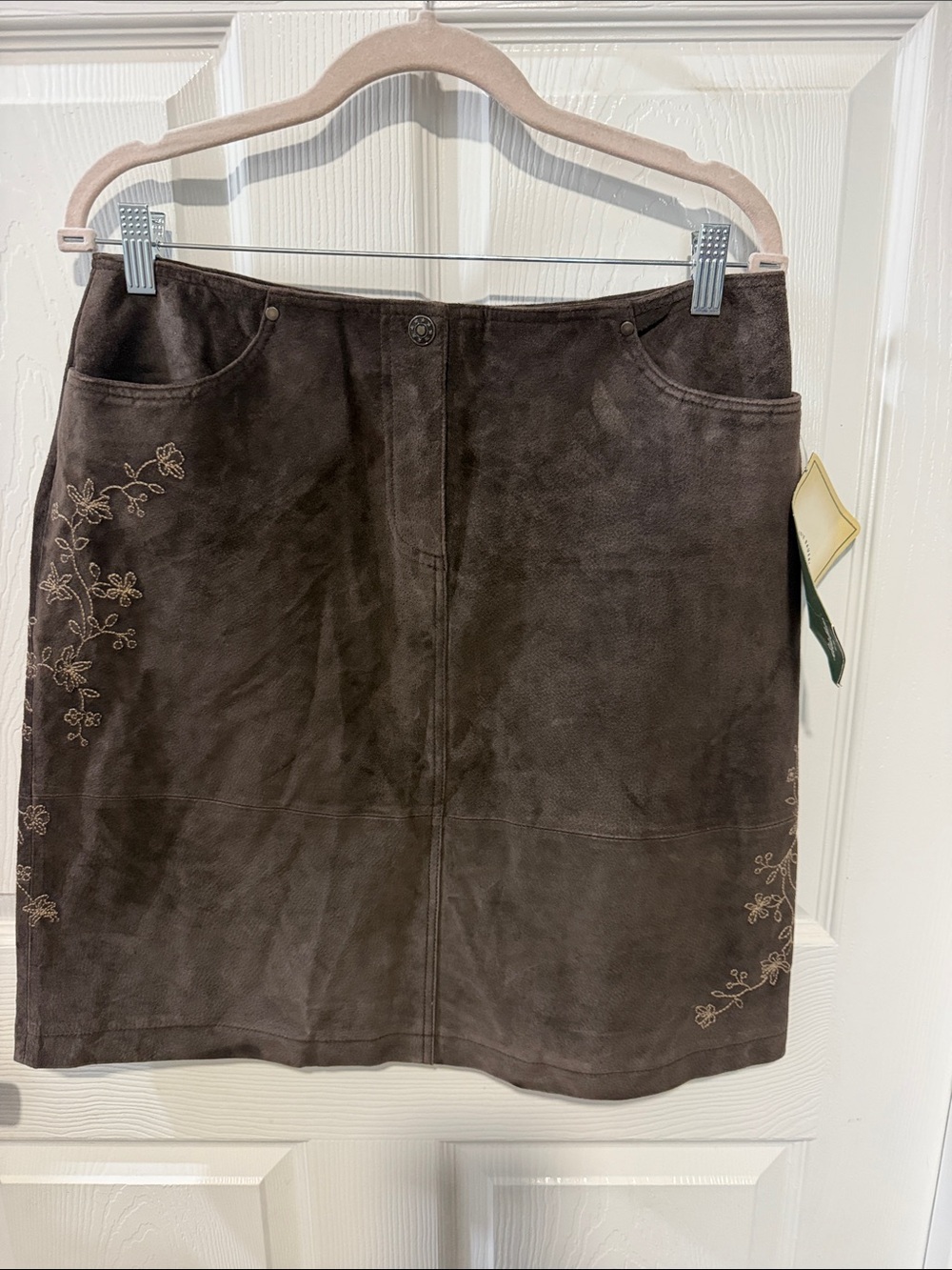 Eddie Bauer Dark Brown Suede A-Line Skirt with Floral Embroidery